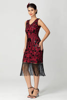 Load image into Gallery viewer, Black Burgundy Sequins Sheath Fringed 1920s Dress