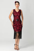 Load image into Gallery viewer, Black Burgundy Sequins Sheath Fringed 1920s Dress
