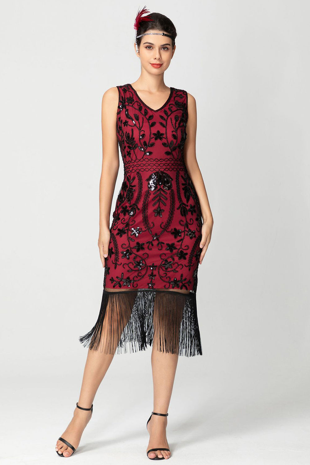 Black Burgundy Sequins Sheath Fringed 1920s Dress