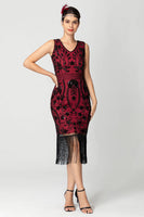 Load image into Gallery viewer, Black Burgundy Sequins Sheath Fringed 1920s Dress