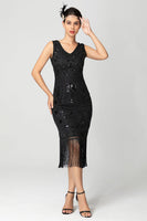 Load image into Gallery viewer, Black Burgundy Sequins Sheath Fringed 1920s Dress