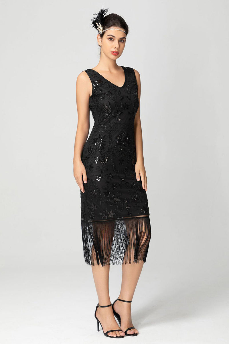 Load image into Gallery viewer, Black Burgundy Sequins Sheath Fringed 1920s Dress