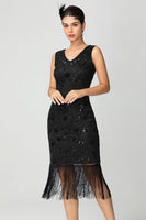 Load image into Gallery viewer, Black Burgundy Sequins Sheath Fringed 1920s Dress