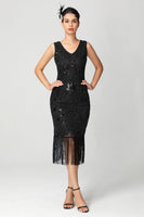 Load image into Gallery viewer, Black Burgundy Sequins Sheath Fringed 1920s Dress
