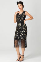 Load image into Gallery viewer, Black Burgundy Sequins Sheath Fringed 1920s Dress
