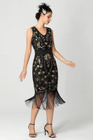 Load image into Gallery viewer, Black Burgundy Sequins Sheath Fringed 1920s Dress