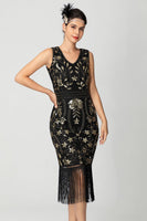 Load image into Gallery viewer, Black Burgundy Sequins Sheath Fringed 1920s Dress