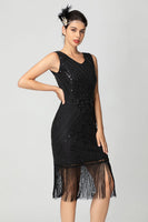 Load image into Gallery viewer, Sparkly Black Burgundy Bodycon Fringed 1920s Dress