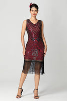 Load image into Gallery viewer, Sparkly Black Burgundy Bodycon Fringed 1920s Dress