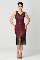 Load image into Gallery viewer, Sparkly Black Burgundy Bodycon Fringed 1920s Dress
