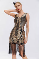Load image into Gallery viewer, Sparkly Black Golden Sequins Bodycon 1920s Dress with Fringes