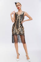 Load image into Gallery viewer, Queendancer Women Sparkly Black Golden Sequins 1920s Flapper Dress with Fringes Bodycon Sleeveless Vintage Dress