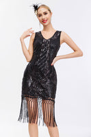 Load image into Gallery viewer, Sparkly Black Golden Sequins Bodycon 1920s Dress with Fringes