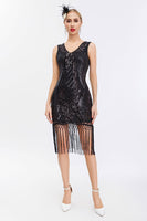 Load image into Gallery viewer, Sparkly Black Golden Sequins Bodycon 1920s Dress with Fringes