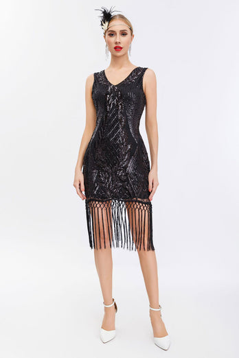 Sparkly Black Golden Bodycon Sequins 1920s Dress with Fringes