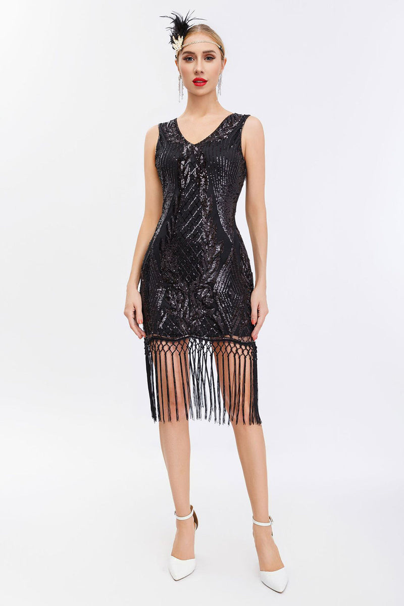 Load image into Gallery viewer, Sparkly Black Golden Bodycon Sequins 1920s Dress with Fringes