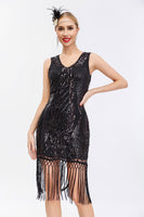 Load image into Gallery viewer, Sparkly Black Golden Sequins Bodycon 1920s Dress with Fringes
