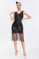 Load image into Gallery viewer, Queendancer Women Sparkly Black Golden Sequins 1920s Flapper Dress with Fringes Bodycon Sleeveless Vintage Dress