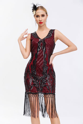 Sparkly Black Golden Bodycon Sequins 1920s Dress with Fringes