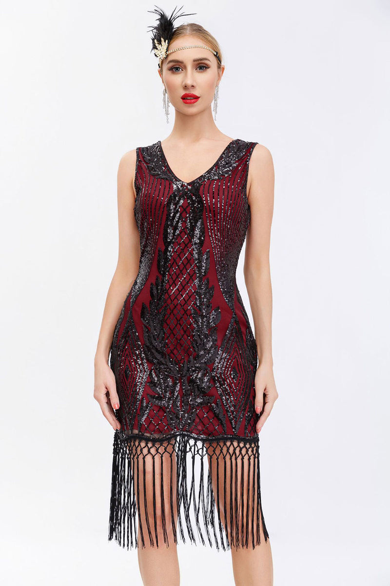 Load image into Gallery viewer, Sparkly Black Golden Bodycon Sequins 1920s Dress with Fringes