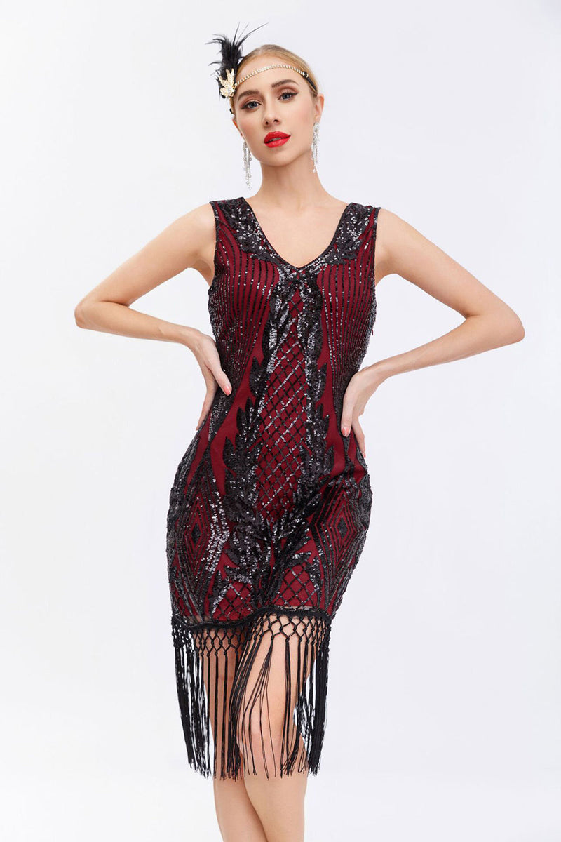 Load image into Gallery viewer, Sparkly Black Golden Bodycon Sequins 1920s Dress with Fringes