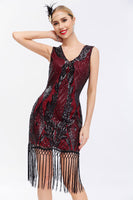 Load image into Gallery viewer, Sparkly Black Golden Sequins Bodycon 1920s Dress with Fringes