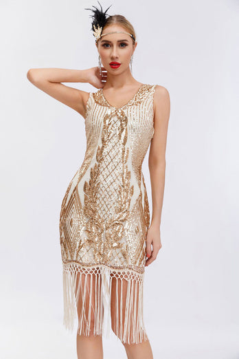 Sparkly Black Golden Bodycon Sequins 1920s Dress with Fringes