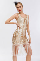 Load image into Gallery viewer, Sparkly Black Golden Sequins Bodycon 1920s Dress with Fringes