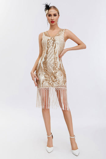 Sparkly Black Golden Bodycon Sequins 1920s Dress with Fringes