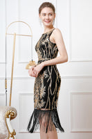 Load image into Gallery viewer, Sparkly Black Golden Bodycon Sequins 1920s Dress with Fringes