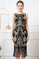 Load image into Gallery viewer, Sparkly Black Golden Bodycon Sequins 1920s Dress with Fringes