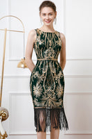 Load image into Gallery viewer, Sparkly Black Golden Bodycon Sequins 1920s Dress with Fringes