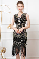 Load image into Gallery viewer, Sparkly Black Golden Sequins V-Neck 1920s Dress with Fringes