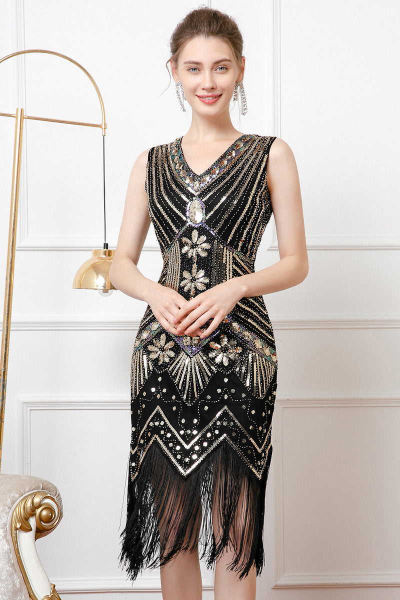 Load image into Gallery viewer, Sparkly Black Golden Sequins V-Neck 1920s Dress with Fringes