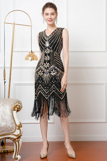 Sparkly Black Golden Sequins V-Neck 1920s Dress with Fringes