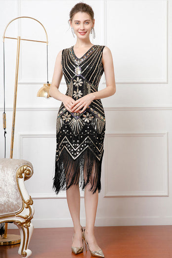 Sparkly Black Golden Sequins V-Neck 1920s Dress with Fringes