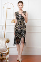 Load image into Gallery viewer, Sparkly Black Golden Sequins V-Neck 1920s Dress with Fringes