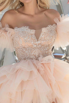 Sparkly Light Pink Organza Tiered Short Homecoming Dress with Appliques