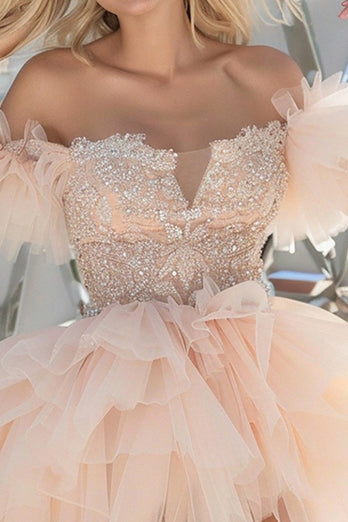 Sparkly Light Pink Organza Tiered Short Homecoming Dress with Appliques