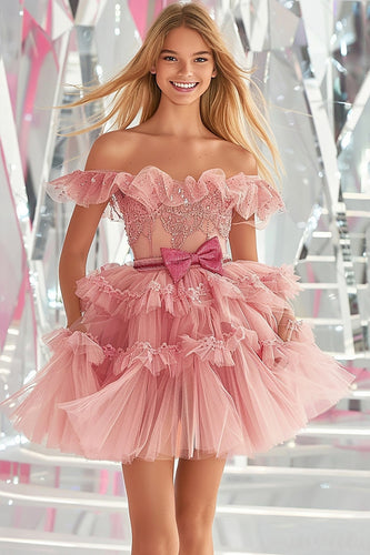 Blush Organza A Line Ruffled Short Homecoming Dress with Appliques