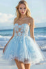 Load image into Gallery viewer, Sky Blue A Line Tulle Strapless Short Hmecoming Dress with Lace