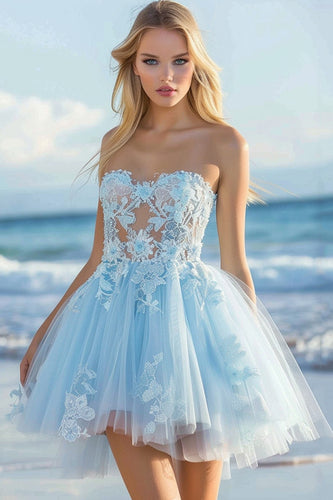 Sky Blue A Line Tulle Strapless Short Hmecoming Dress with Lace
