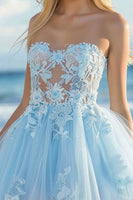 Load image into Gallery viewer, Sky Blue A Line Tulle Strapless Short Hmecoming Dress with Lace