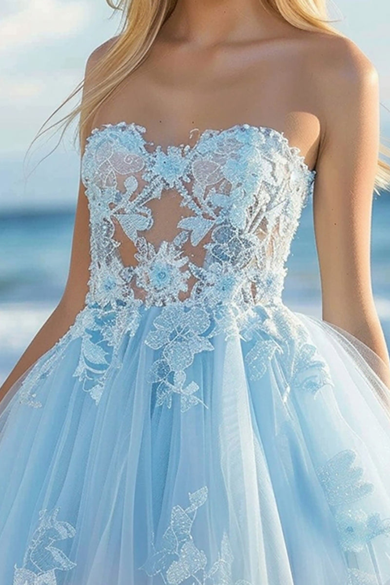 Load image into Gallery viewer, Sky Blue A Line Tulle Strapless Short Hmecoming Dress with Lace