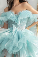Load image into Gallery viewer, Sparkly Light Green Organza A Line Tiered Short Homecoming Dress