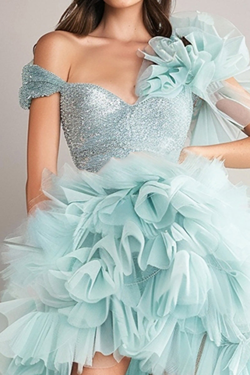 Load image into Gallery viewer, Sparkly Light Green Organza High-Low Homecoming Dress