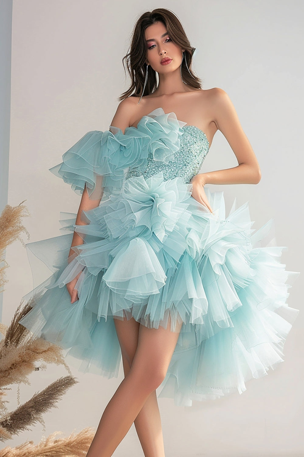 Sparkly Light Green Organza Short Homecoming Dress with Beading