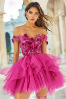 Load image into Gallery viewer, Floral Fuchsia A Line Organza Short Homecoming Dress with Appliques