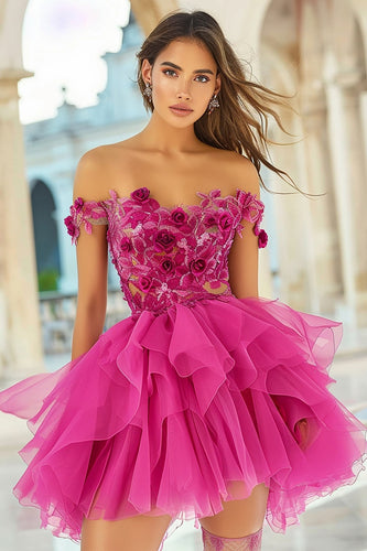 Floral Fuchsia A Line Organza Short Homecoming Dress with Appliques