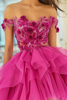 Load image into Gallery viewer, Floral Fuchsia A Line Organza Short Homecoming Dress with Appliques